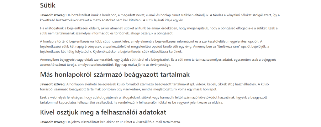 Wordpress alapértelmezett adatvédelmi nyilatkozata Wordpress alapértelmezett adatvédelmi nyilatkozata